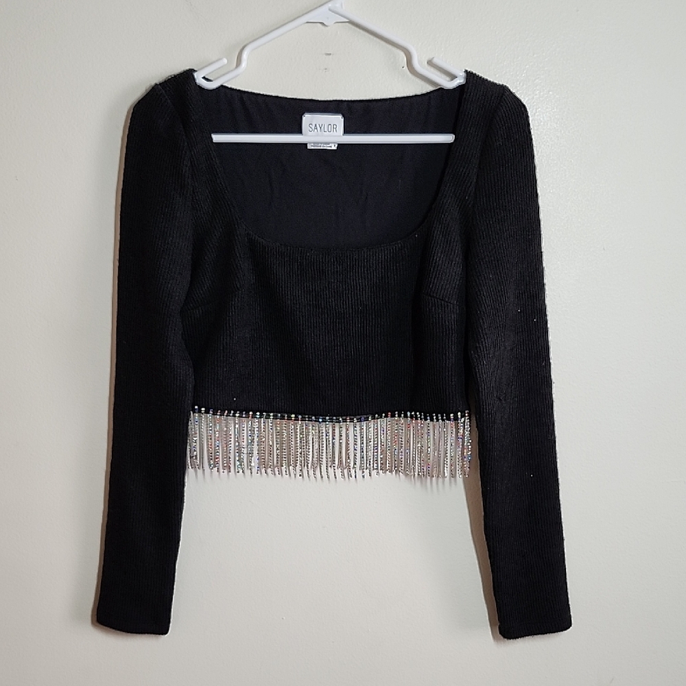 SAYLOR Black Cropped Top with Rainbow Beaded Fringe On Hem Womens Medium
